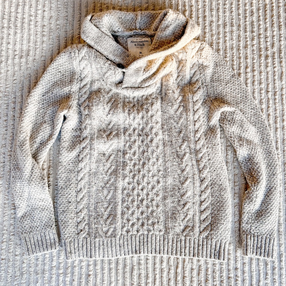 Abercrombie & Fitch Men’s Cable Knit Shawl Collar Sweater – Cream – Size M